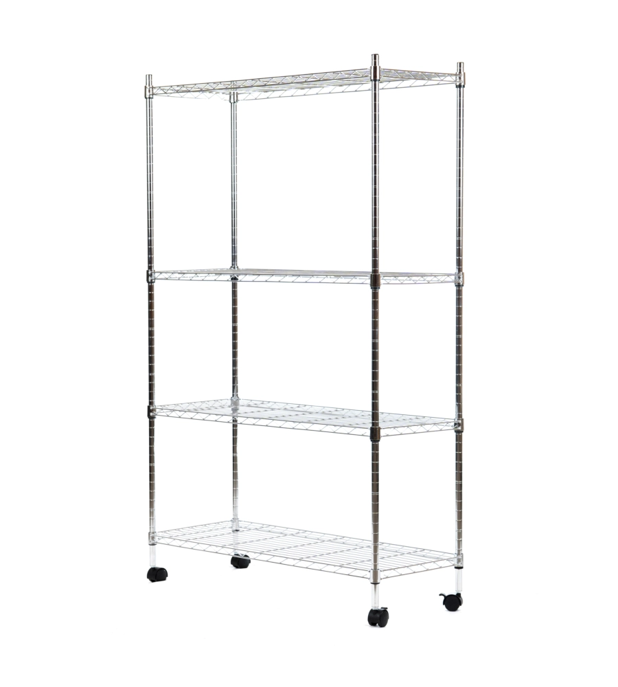 Scaffale in metallo cromato 4 ripiani con ruote, 89x34x142 cm